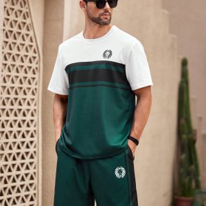 Manfinity KASUA Green & White Patchwork T-Shirt And Shorts Set