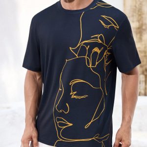 Manfinity KASUA Men??s Abstract Line Pattern Navy Blue Casual T-Shirt, Daily Wear, Streetwear, Party, Breathable