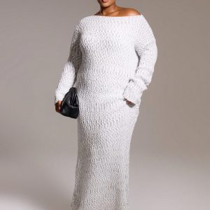 MUSERA Plus Size Knit Asymmetrical Shoulder Long Sleeved Maxi Dress Fall
