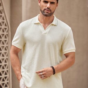 Manfinity KASUA Men??s White V-Neck Polo Shirt, Striped Collar